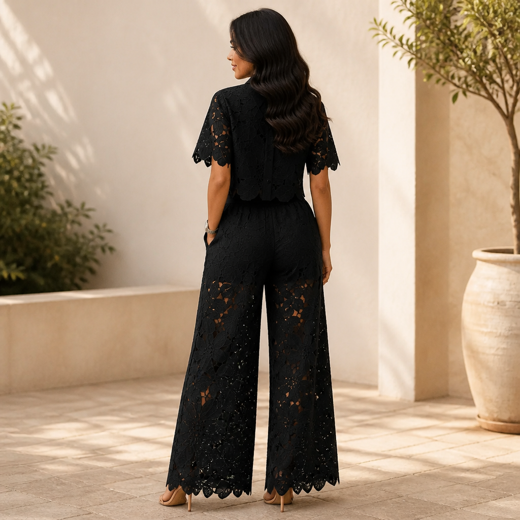 Vellorette – Scalloped Floral Lace Two-Piece Set with Tie-Sash Wide-Leg Pants - Souliia
