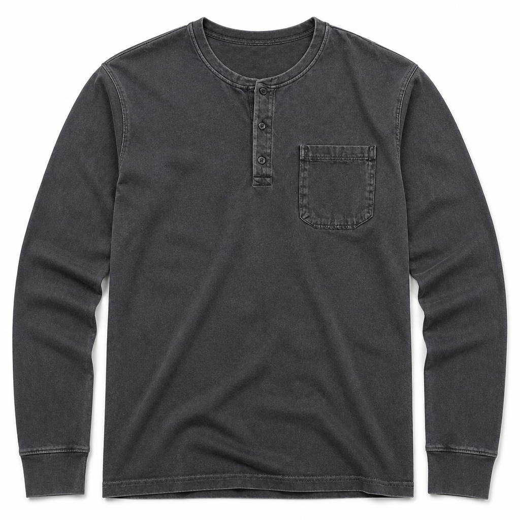VeroVibe – Vintage Washed Long Sleeve Henley with Chest Pocket - Souliia