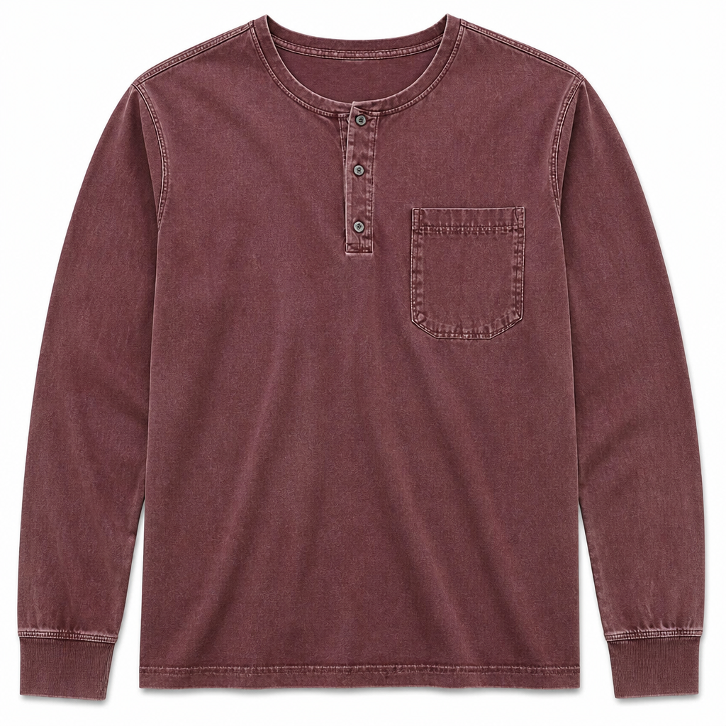 VeroVibe – Vintage Washed Long Sleeve Henley with Chest Pocket - Souliia
