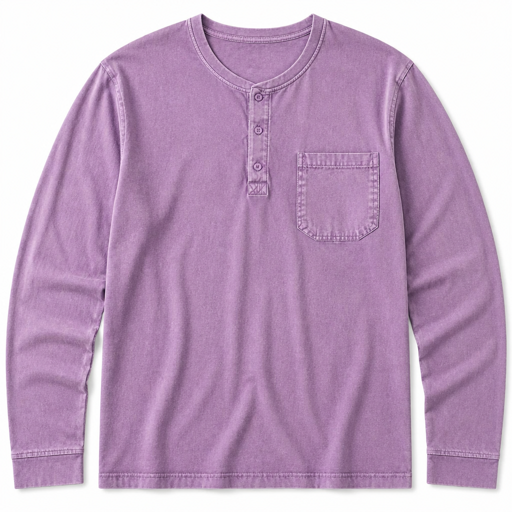 VeroVibe – Vintage Washed Long Sleeve Henley with Chest Pocket - Souliia