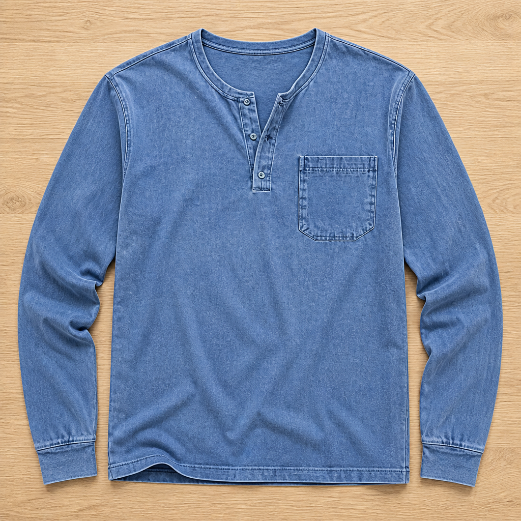 VeroVibe – Vintage Washed Long Sleeve Henley with Chest Pocket - Souliia