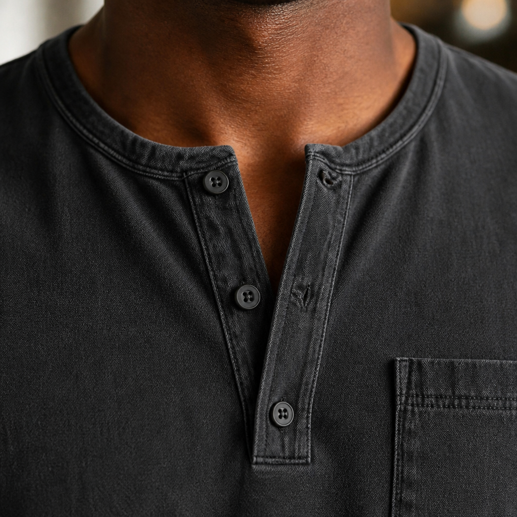 VeroVibe – Vintage Washed Long Sleeve Henley with Chest Pocket - Souliia
