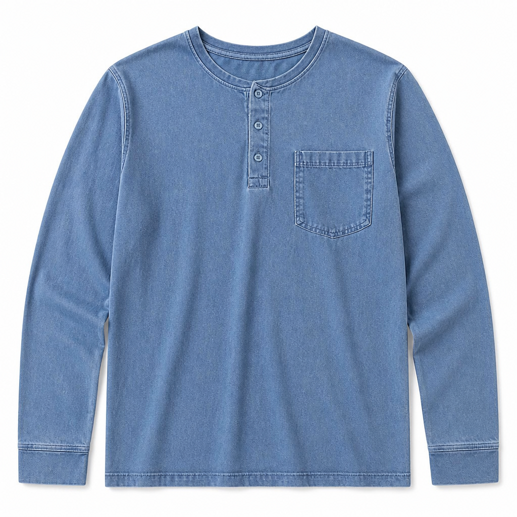 VeroVibe – Vintage Washed Long Sleeve Henley with Chest Pocket - Souliia