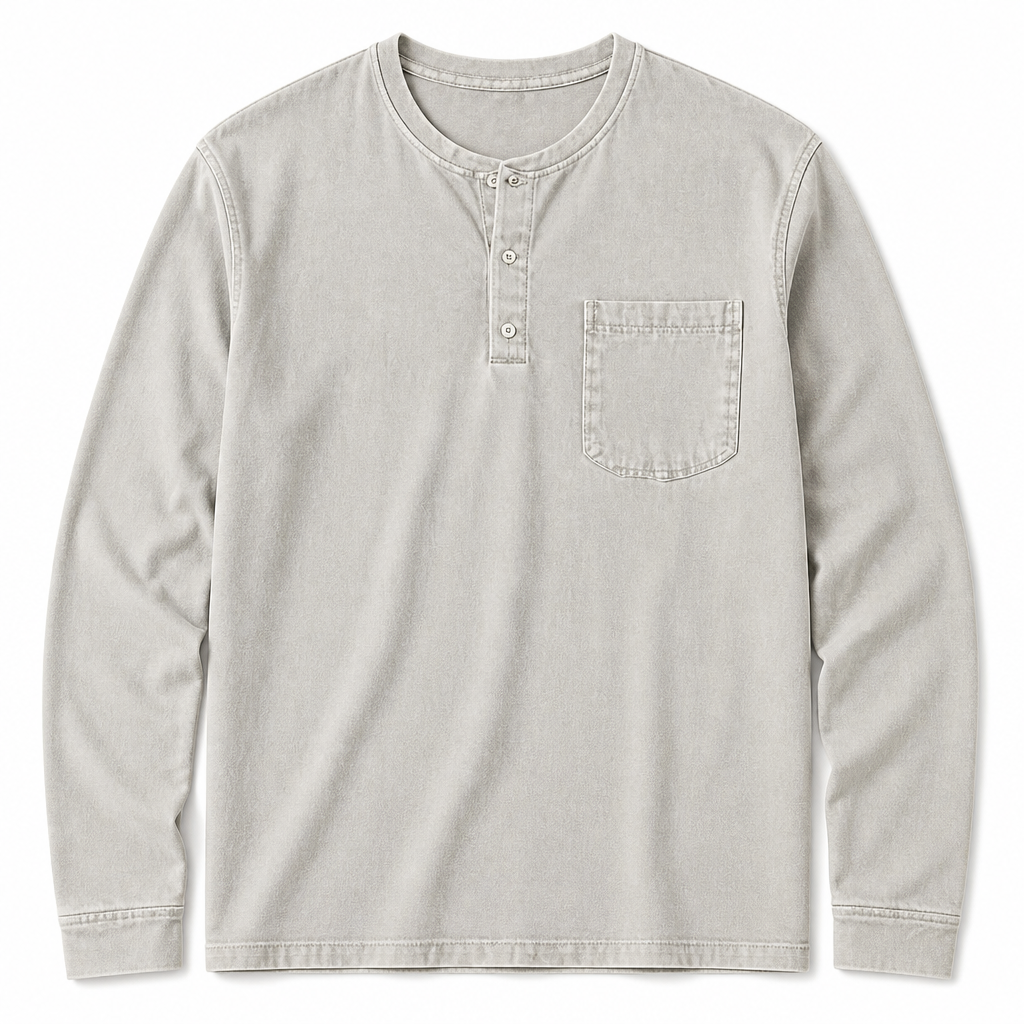 VeroVibe – Vintage Washed Long Sleeve Henley with Chest Pocket - Souliia