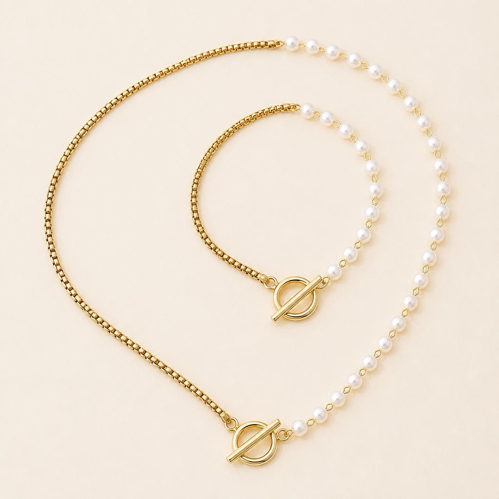 ViraLuxe – Asymmetric Pearl-and-Chain Gold Necklace & Bracelet Set - Souliia