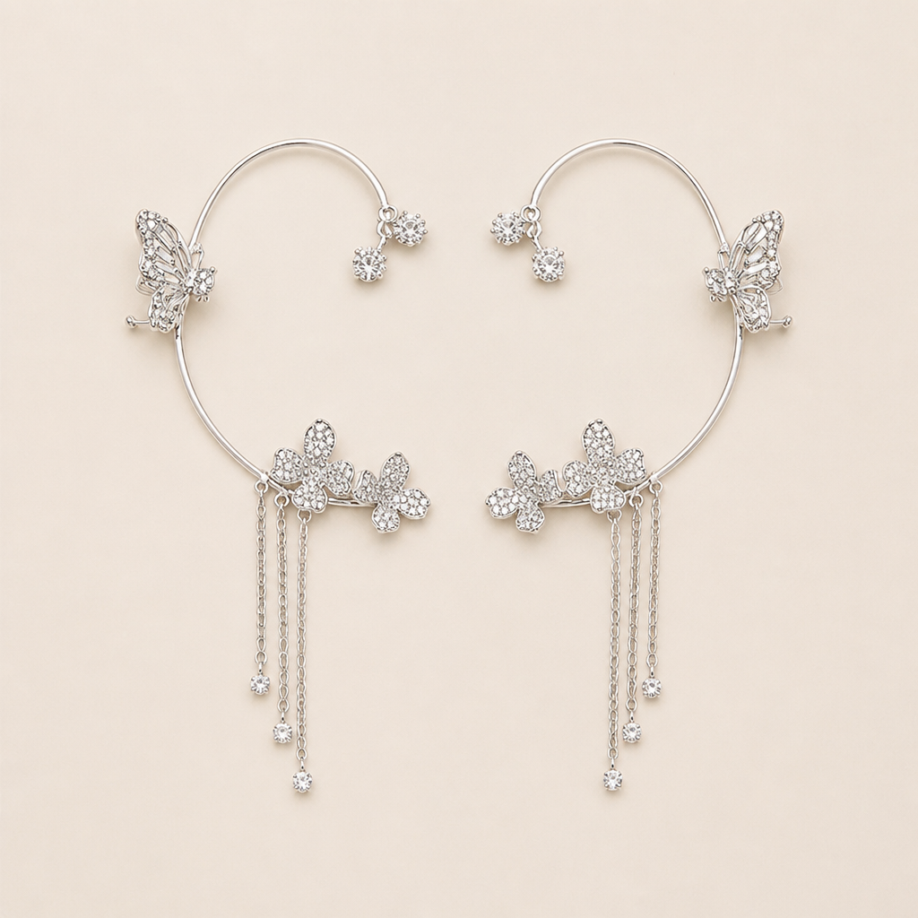 ZephyraLuxe – Manchette d'oreille papillon en zircon avec pampilles à chaîne - Souliia