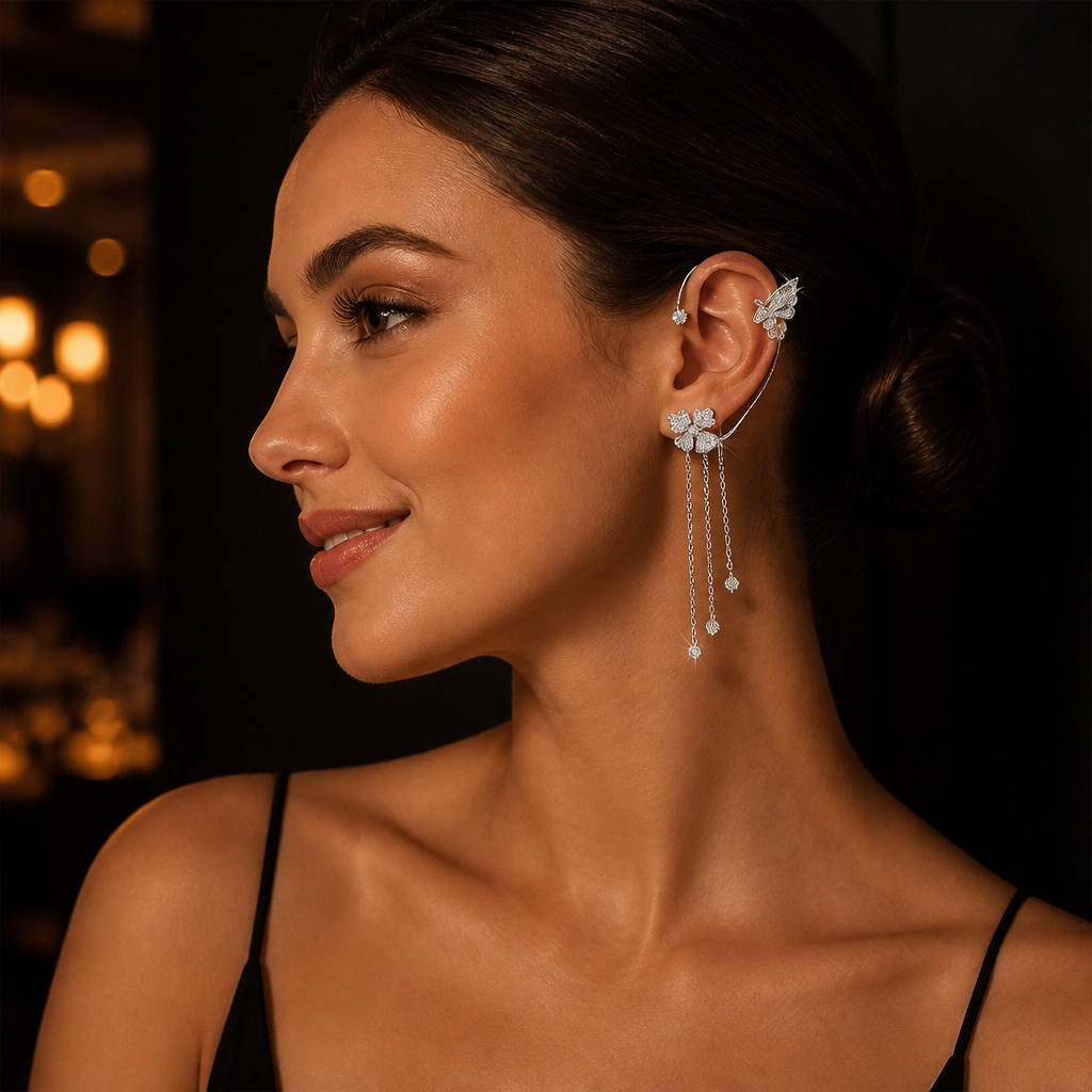 ZephyraLuxe – Manchette d'oreille papillon en zircon avec pampilles à chaîne - Souliia