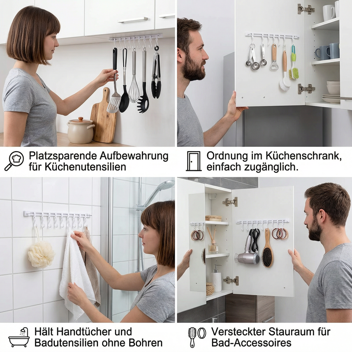 Self-Adhesive Hook Rack for Kitchen and Bathroom (Set of 2) - Souliia