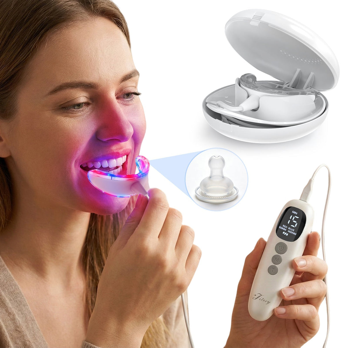 Ergonomic Red Light Dental Care Device — 16 Diodes (8 Red 660nm, 8 Blue 450nm)