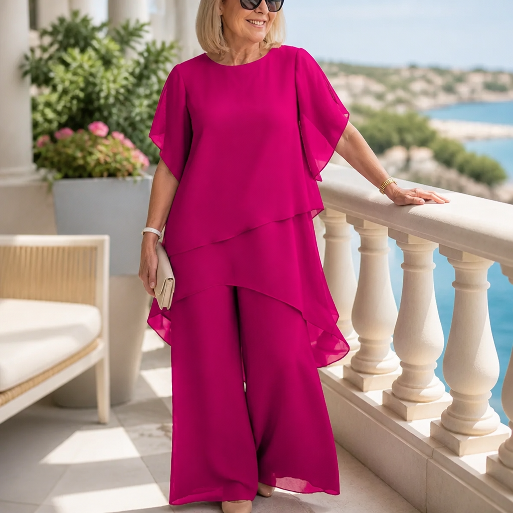 ZephyraFlex – Ensemble élégant composé d'un haut asymétrique en mousseline et d'un pantalon large - Souliia
