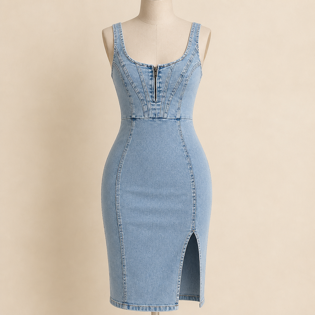 SerenStride – Figure-Hugging Stretch Denim Midi Dress with Front Zip & Side Slit - Souliia