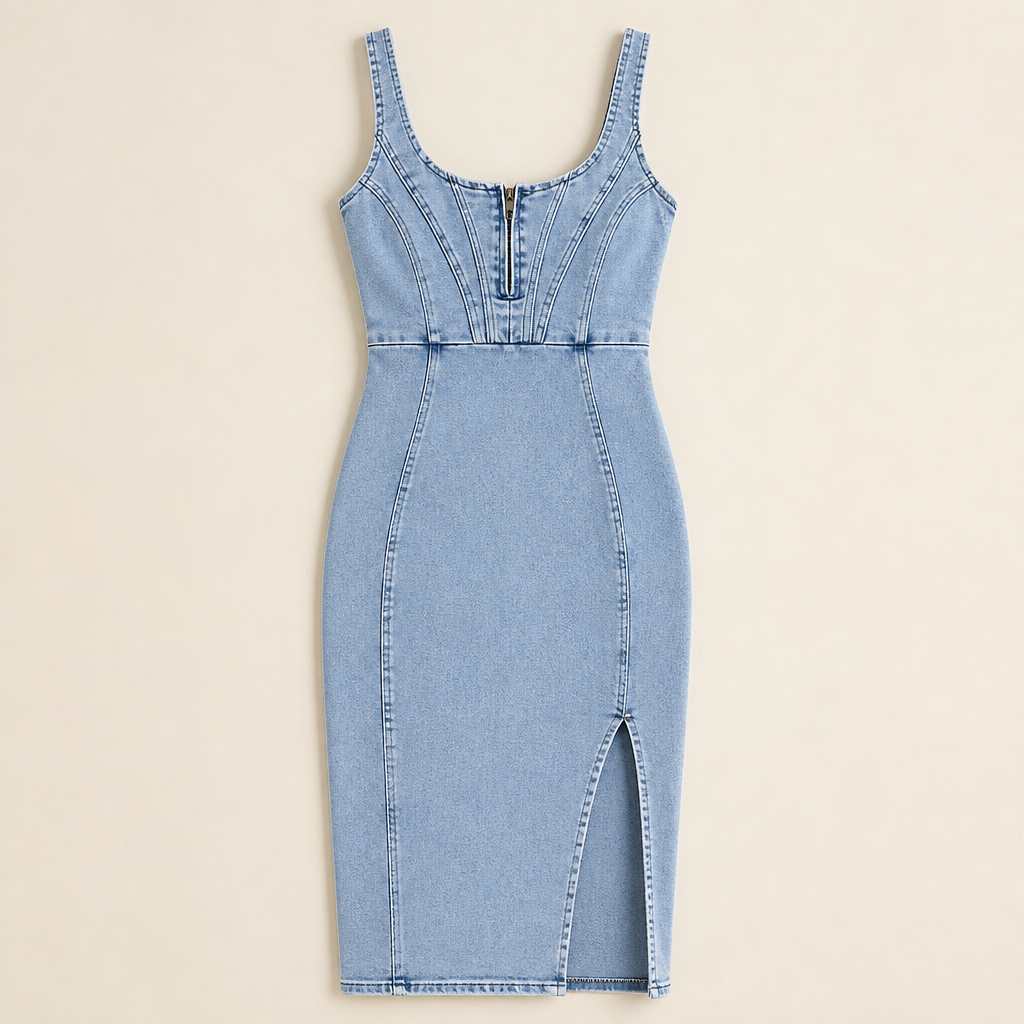 SerenStride – Figure-Hugging Stretch Denim Midi Dress with Front Zip & Side Slit - Souliia
