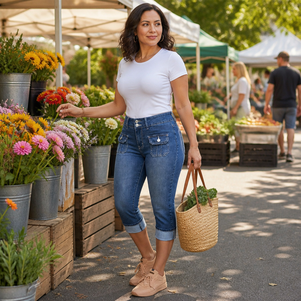 SerisiFlex – Curve-Defining Slim Fit Stretch Denim Capris with Contoured Waistband - Souliia
