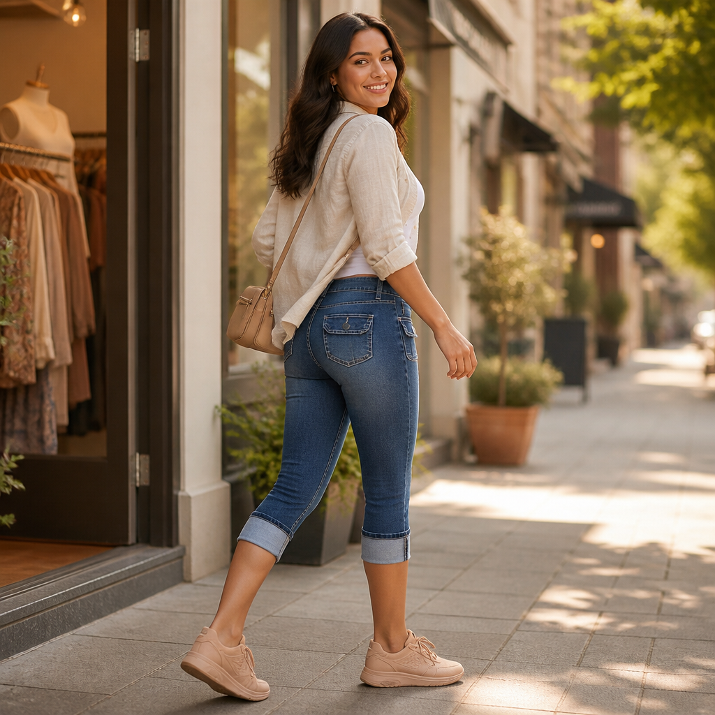 SerisiFlex – Curve-Defining Slim Fit Stretch Denim Capris with Contoured Waistband - Souliia