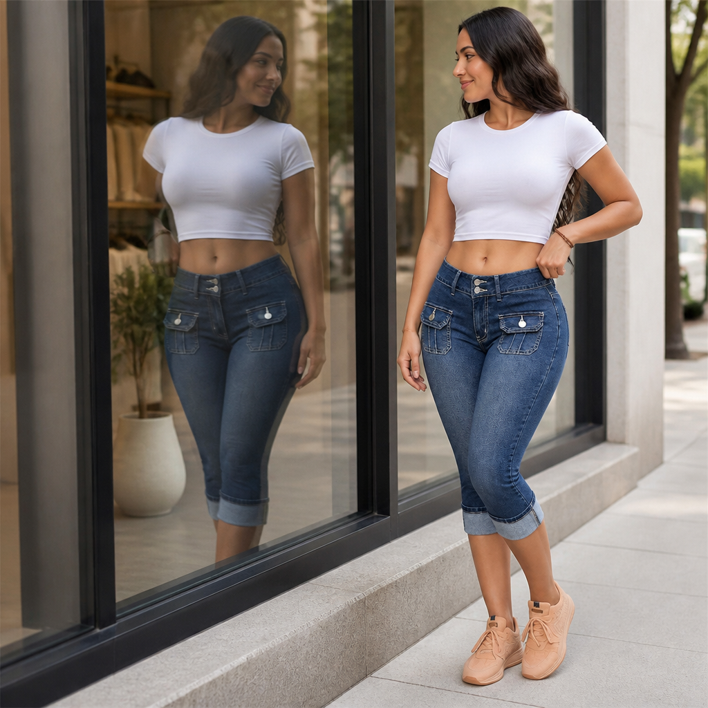 SerisiFlex – Curve-Defining Slim Fit Stretch Denim Capris with Contoured Waistband - Souliia