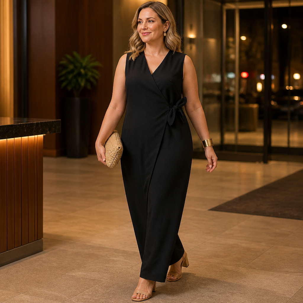 SereneSilhouette – Elegant Wrap-Front Sleeveless Jumpsuit with Side Tie - Souliia