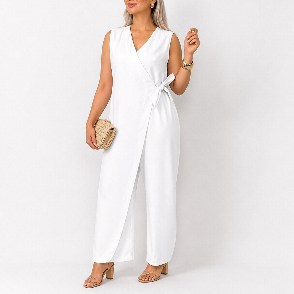 SereneSilhouette – Elegant Wrap-Front Sleeveless Jumpsuit with Side Tie - Souliia