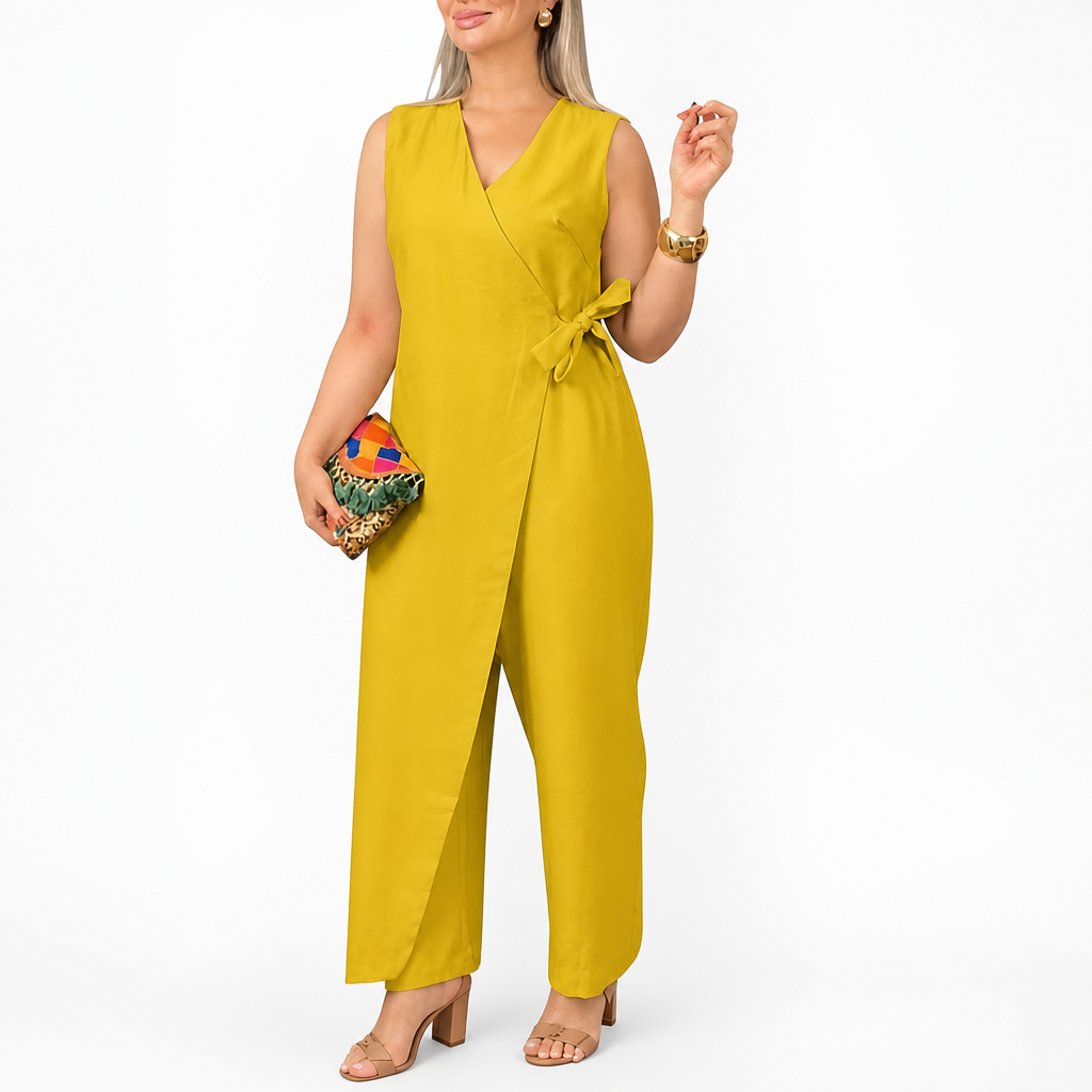 SereneSilhouette – Elegant Wrap-Front Sleeveless Jumpsuit with Side Tie - Souliia
