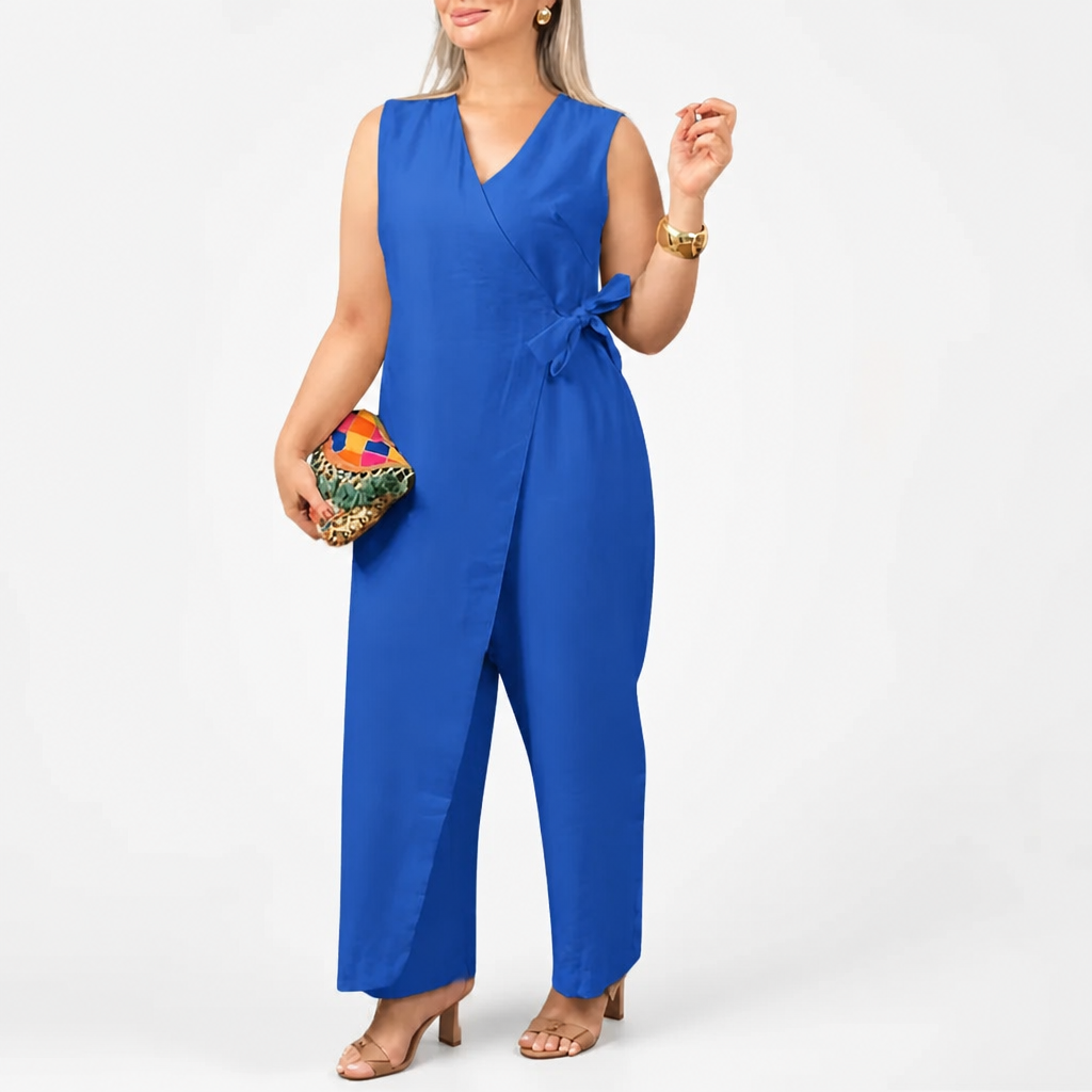 SereneSilhouette – Elegant Wrap-Front Sleeveless Jumpsuit with Side Tie - Souliia