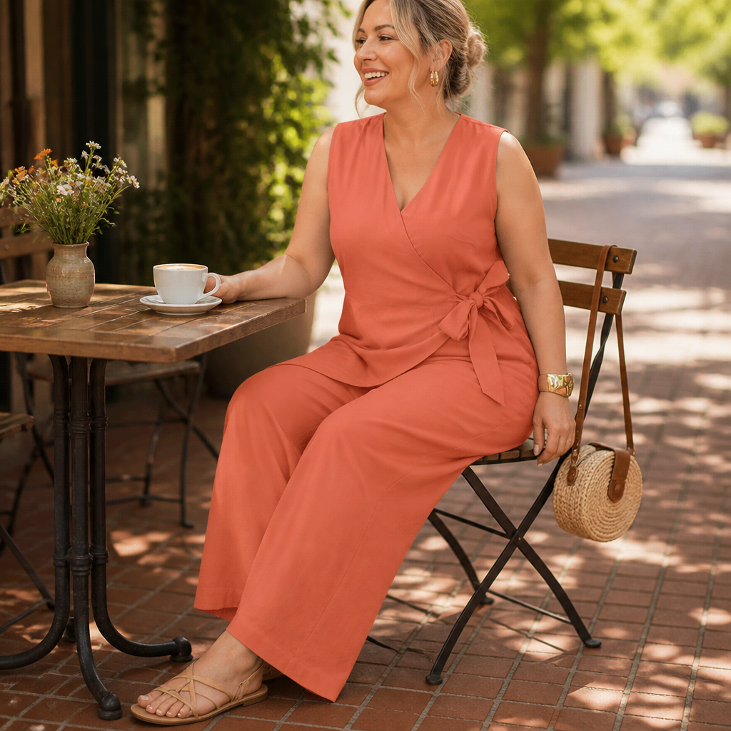 SereneSilhouette – Elegant Wrap-Front Sleeveless Jumpsuit with Side Tie - Souliia