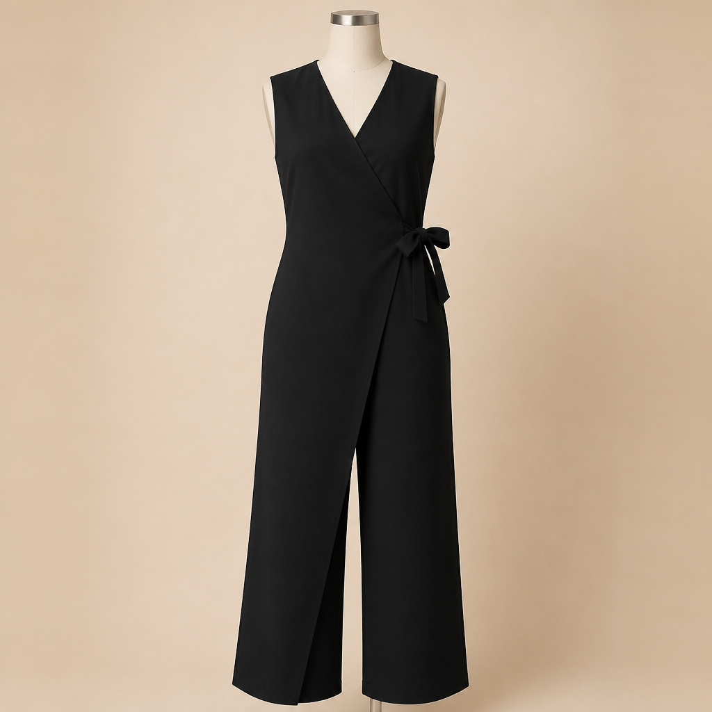 SereneSilhouette – Elegant Wrap-Front Sleeveless Jumpsuit with Side Tie - Souliia