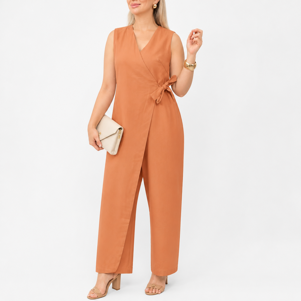SereneSilhouette – Elegant Wrap-Front Sleeveless Jumpsuit with Side Tie - Souliia