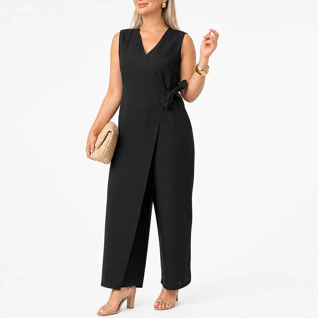 SereneSilhouette – Elegant Wrap-Front Sleeveless Jumpsuit with Side Tie - Souliia