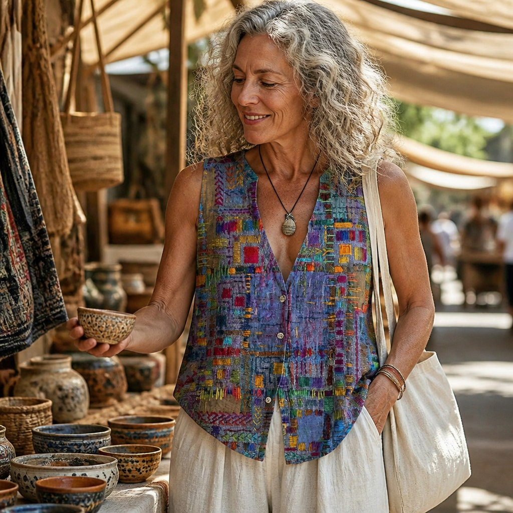 ViviaHue – Artistic Patchwork Sleeveless V-Neck Button Blouse - Souliia