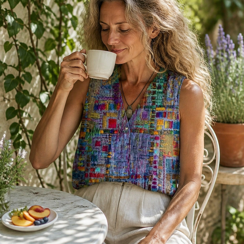 ViviaHue – Artistic Patchwork Sleeveless V-Neck Button Blouse - Souliia