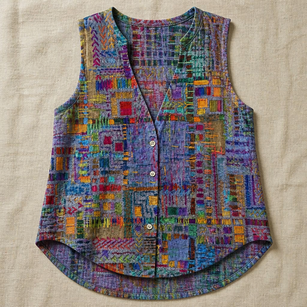 ViviaHue – Artistic Patchwork Sleeveless V-Neck Button Blouse - Souliia