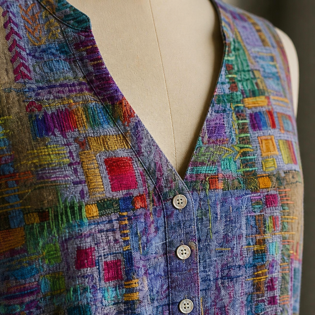 ViviaHue – Artistic Patchwork Sleeveless V-Neck Button Blouse - Souliia