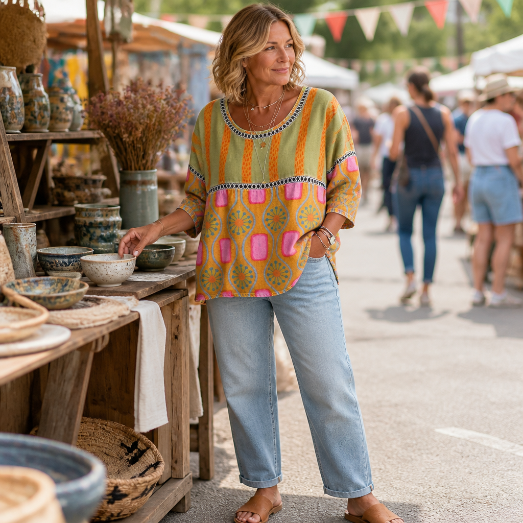 VivaLuxe – Bohemian Mixed-Print Relaxed Top with Three-Quarter Sleeves - Souliia
