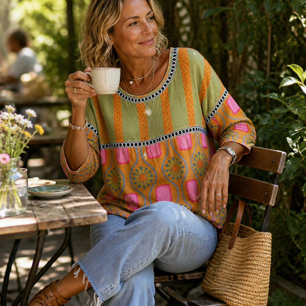 VivaLuxe – Bohemian Mixed-Print Relaxed Top with Three-Quarter Sleeves - Souliia