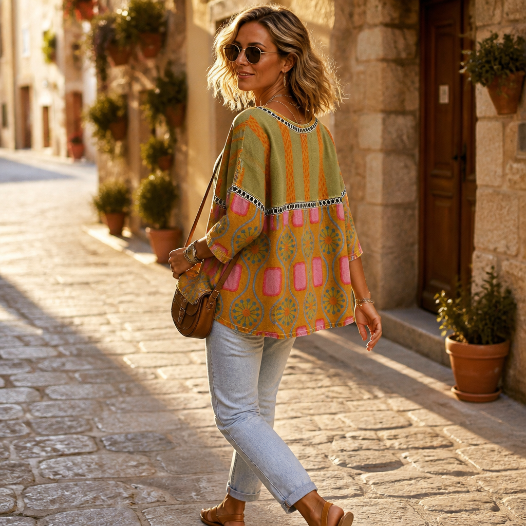 VivaLuxe – Bohemian Mixed-Print Relaxed Top with Three-Quarter Sleeves - Souliia