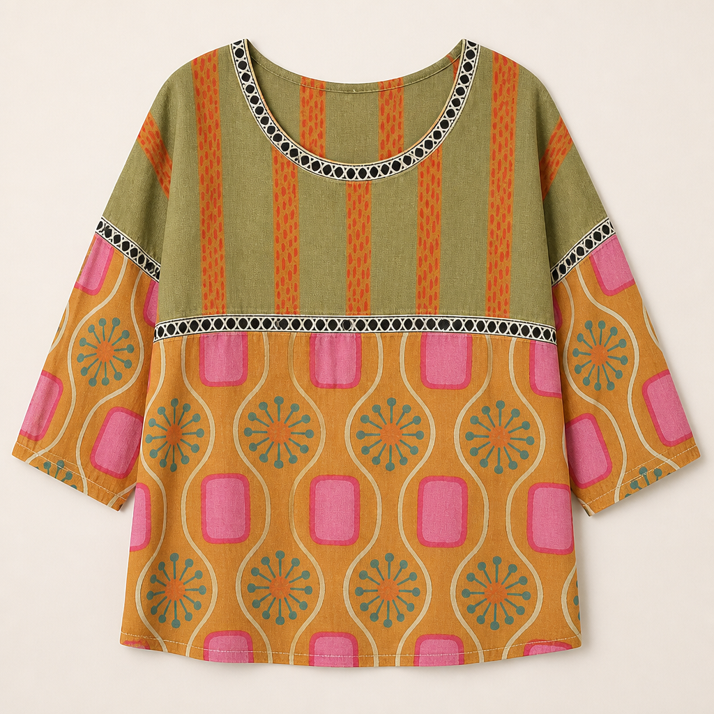 VivaLuxe – Bohemian Mixed-Print Relaxed Top with Three-Quarter Sleeves - Souliia