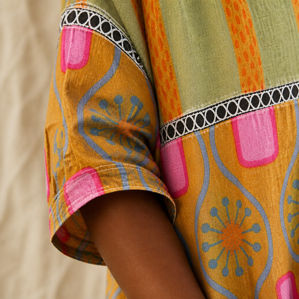 VivaLuxe – Bohemian Mixed-Print Relaxed Top with Three-Quarter Sleeves - Souliia