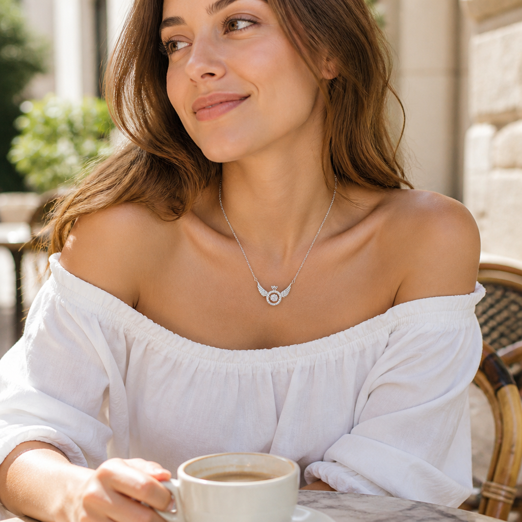 RadiantRise – Dainty Angel Wing Necklace with Floating Sparkle Stone - Souliia