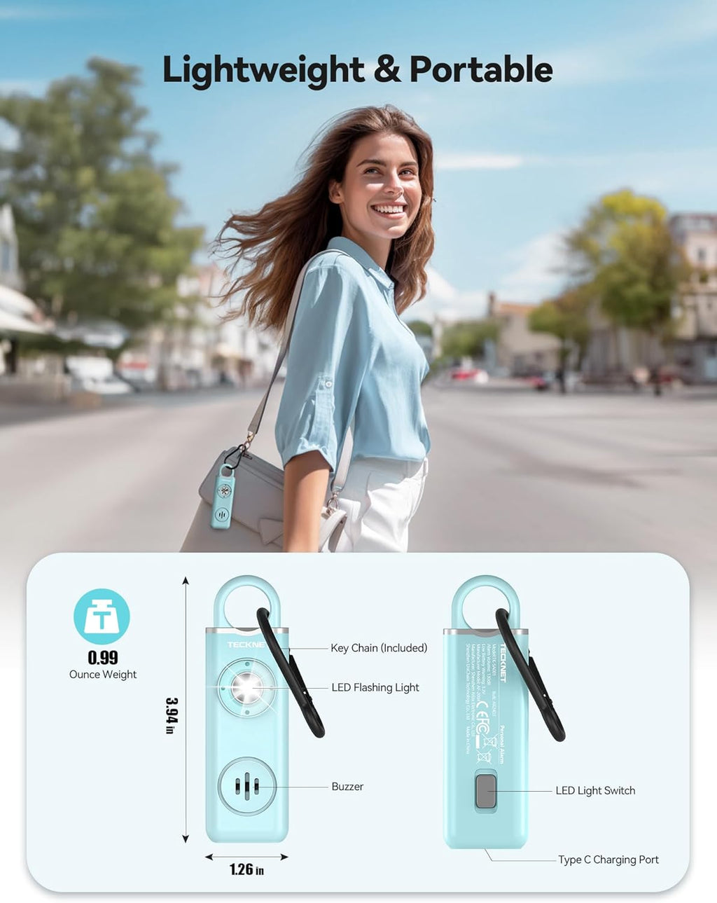 Dobíjecí bezpečnostní alarm na klíče – osobní alarm s hlasitostí 130 dB - Souliia