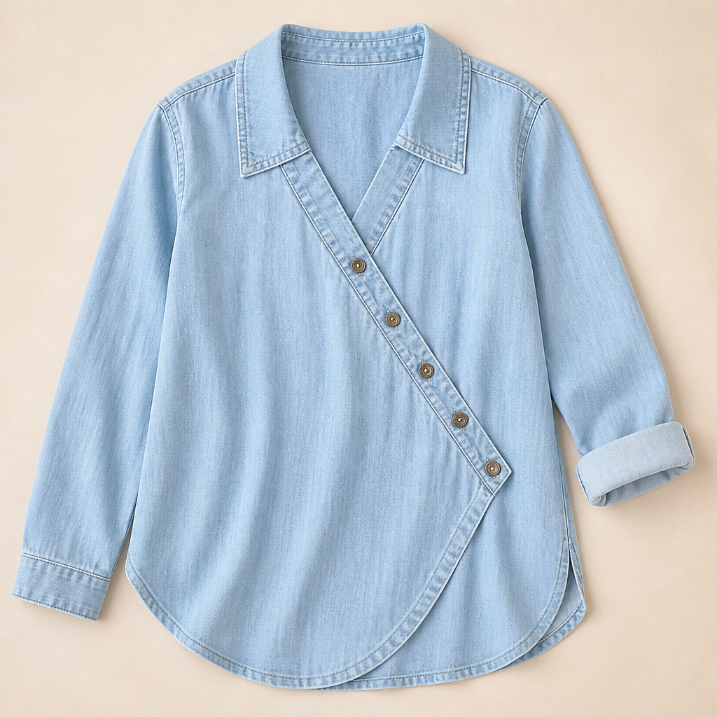 SerenaSway – Relaxed Asymmetric Button Denim Blouse with Lapel Collar - Souliia
