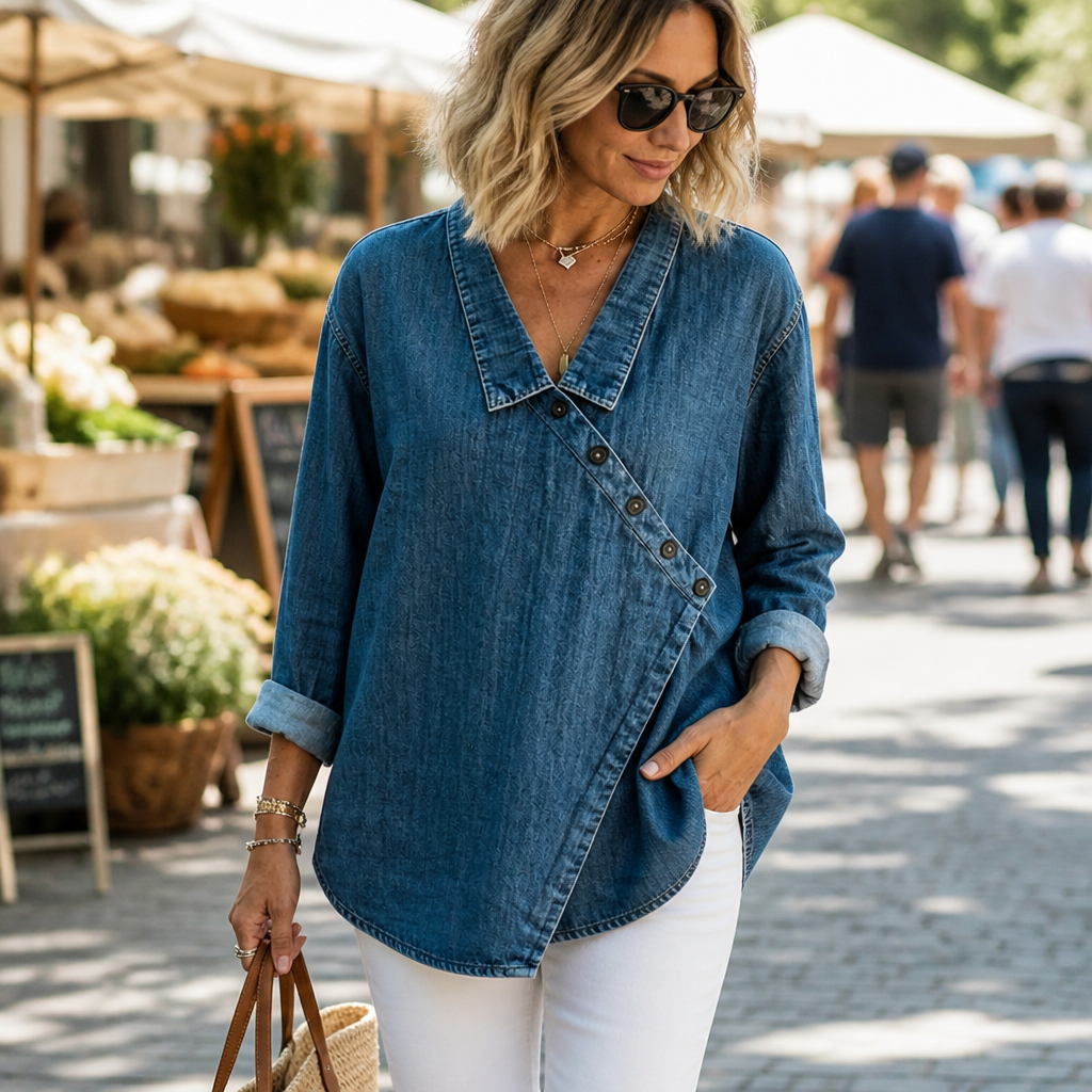 SerenaSway – Relaxed Asymmetric Button Denim Blouse with Lapel Collar - Souliia