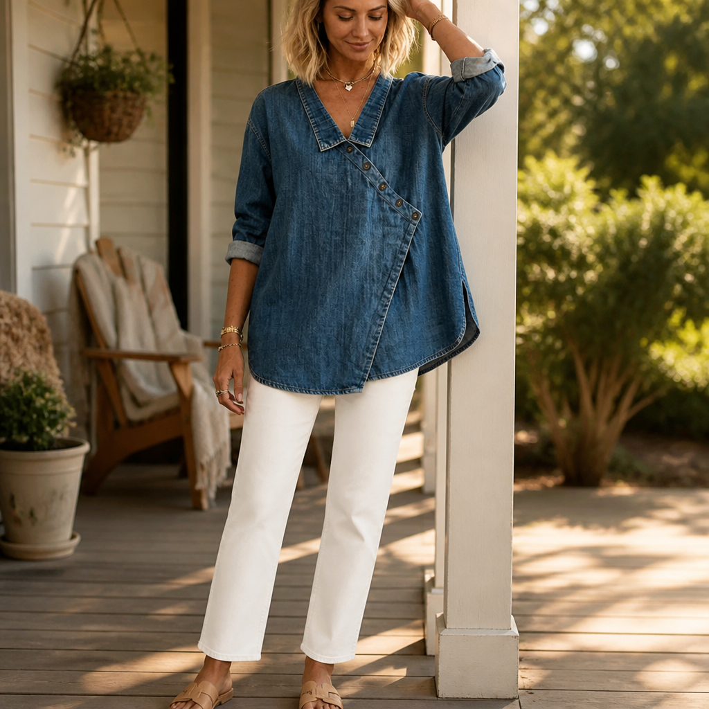 SerenaSway – Relaxed Asymmetric Button Denim Blouse with Lapel Collar - Souliia