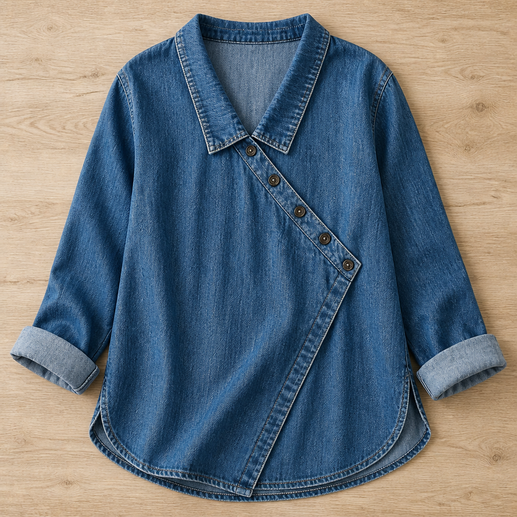 SerenaSway – Relaxed Asymmetric Button Denim Blouse with Lapel Collar - Souliia