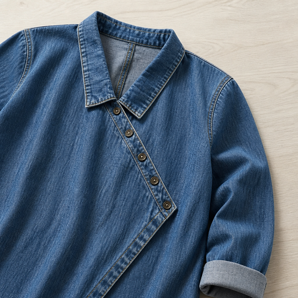 SerenaSway – Relaxed Asymmetric Button Denim Blouse with Lapel Collar - Souliia