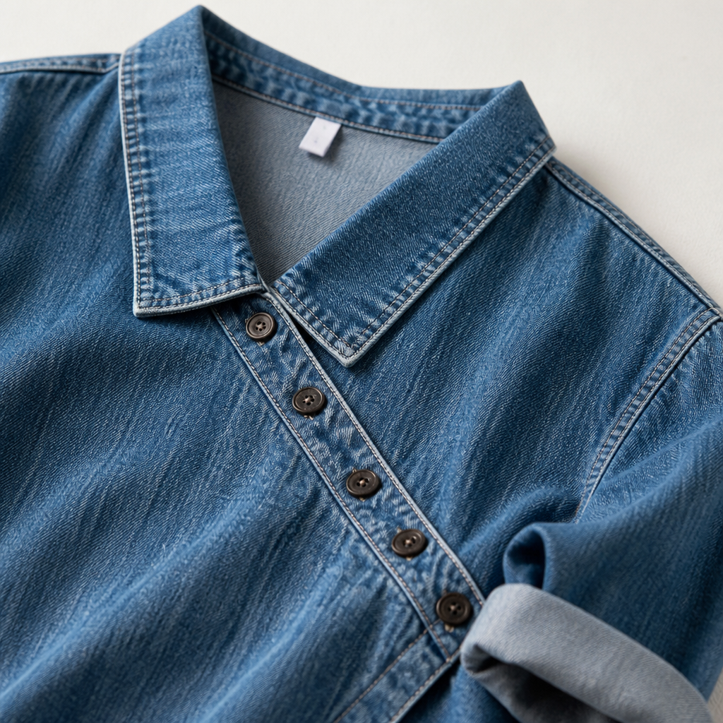 SerenaSway – Relaxed Asymmetric Button Denim Blouse with Lapel Collar - Souliia