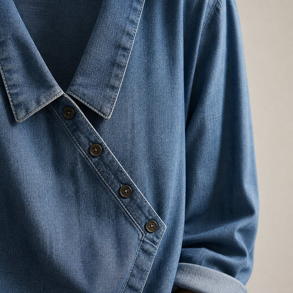 SerenaSway – Relaxed Asymmetric Button Denim Blouse with Lapel Collar - Souliia