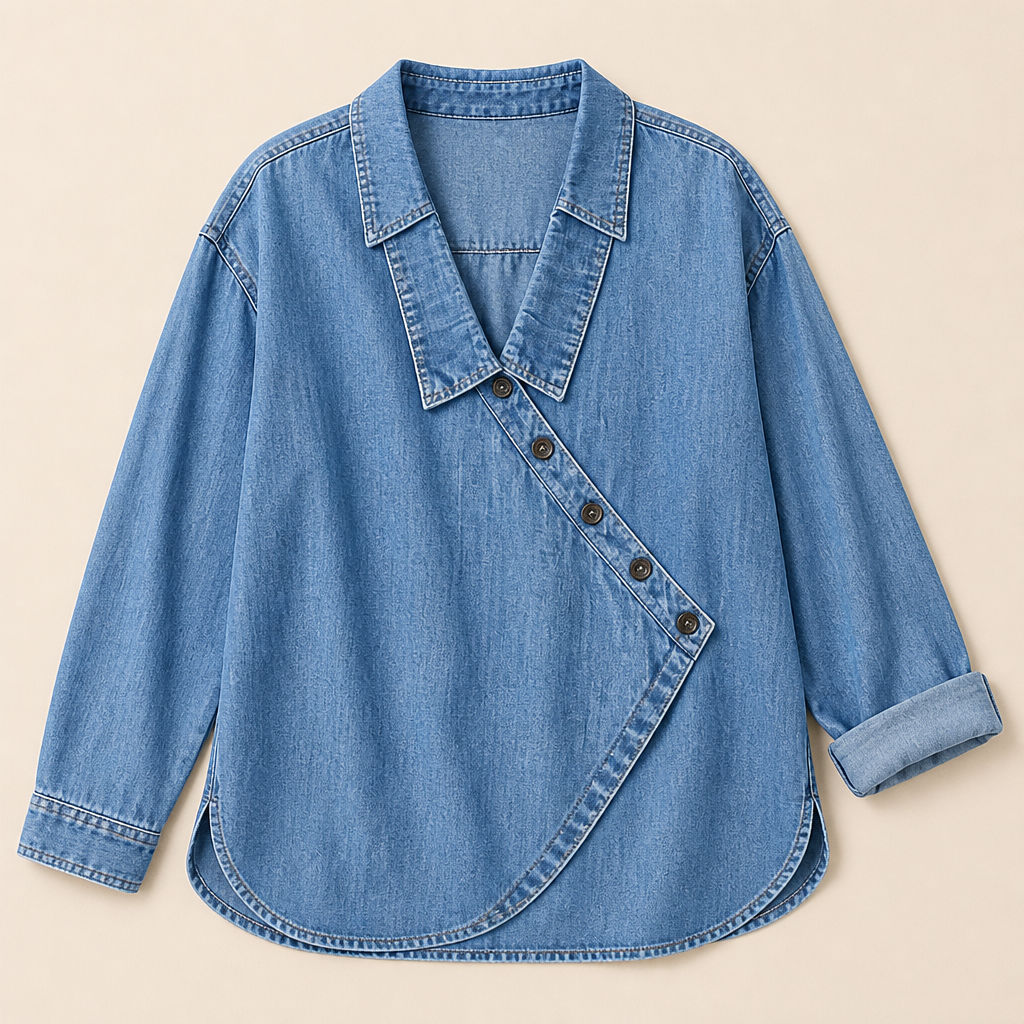 SerenaSway – Relaxed Asymmetric Button Denim Blouse with Lapel Collar - Souliia