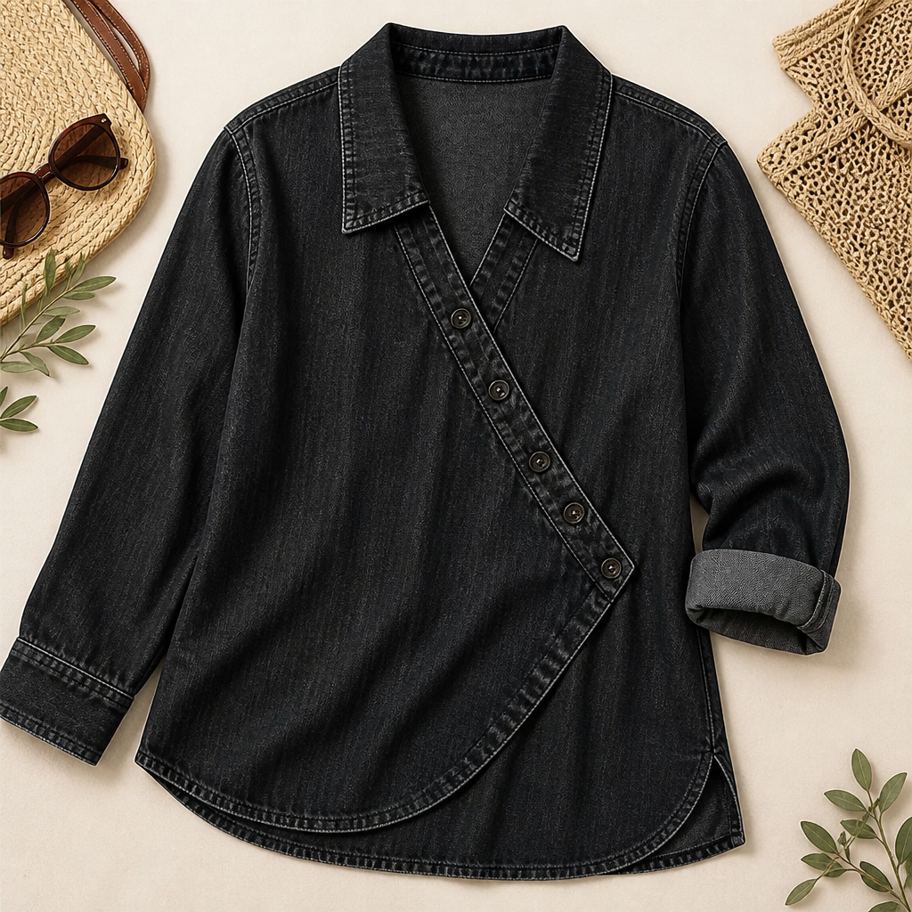 SerenaSway – Relaxed Asymmetric Button Denim Blouse with Lapel Collar - Souliia