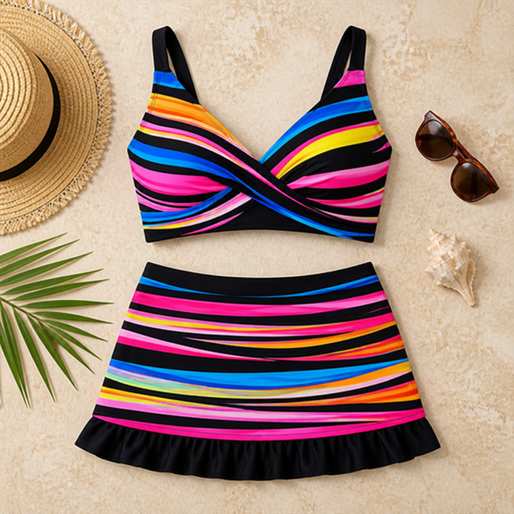 SerenaWave – Twist-Front Striped Swim Skirt Set with Tummy Control - Souliia