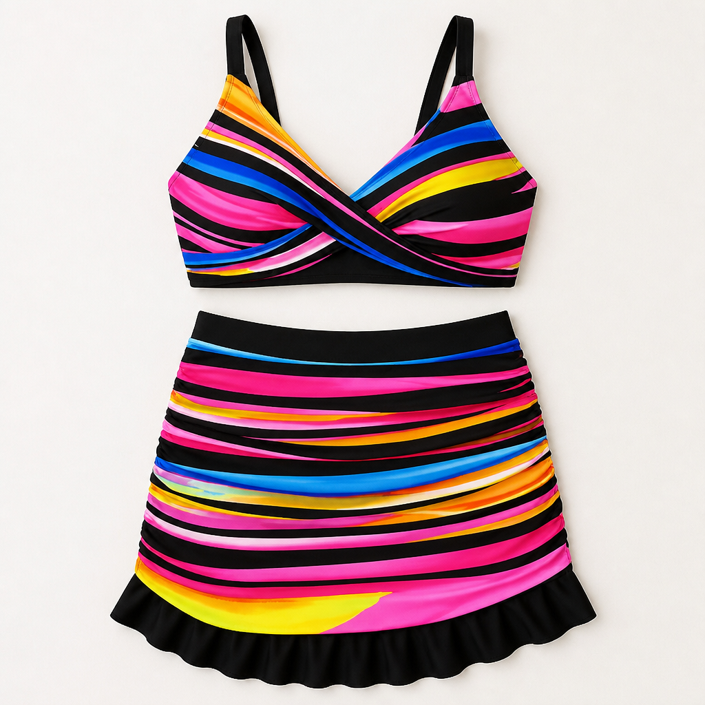 SerenaWave – Twist-Front Striped Swim Skirt Set with Tummy Control - Souliia