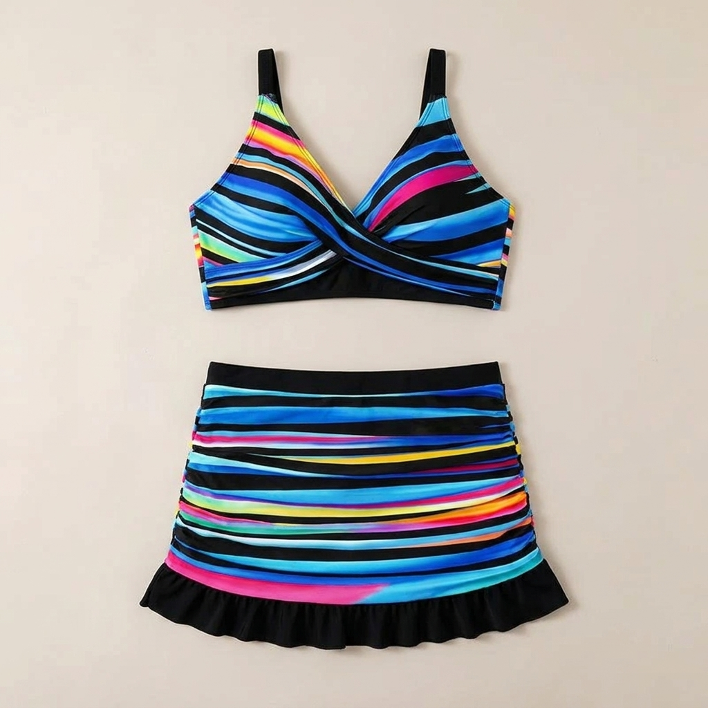 SerenaWave – Twist-Front Striped Swim Skirt Set with Tummy Control - Souliia